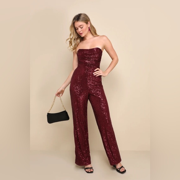 Lulu's NWT Glorious Vision Wine Red Sequin Strapless Wide-Leg Jumpsuit - Picture 1 of 5